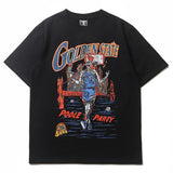 Hip-hop t-shirts: american high street style, short sleeve, basketball flame warriors skull print, trendy loose fit tee