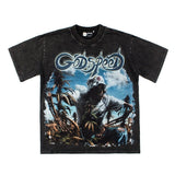 Hip-hop t-shirts: american high street blue sky & white cloud skull print short sleeve tee - relaxed fit, trendy tee