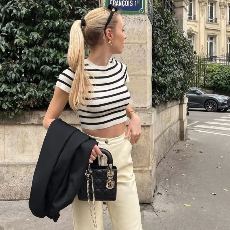 Women Sweater Knitwear Autumn Crew Neck Short Sleeve Stripe Knitted T-shirt Top