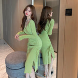 Women Maxi Dress Autumn Winter Sexy Long Sleeve V-neck Knitted Sheath Dress