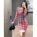 Women Maxi Dress Autumn and Winter Long Sleeve round Neck Houndstooth Knitted Sheath Dress