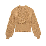 Women Sweater Knitwear Autumn Crew Neck Long Sleeve Vintage Crochet Hollow-out Short Knitwear