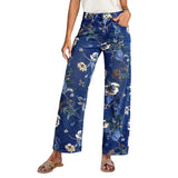 Women's vintage denim pants - cross-border, random print, loose wide-leg, spring/summer floral pattern, straight-leg, high-waisted jeans