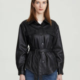Women Leather Jacket Fall and Winter Lapels Long Sleeve Motorcycle Washed PU Leather Shirt Coat