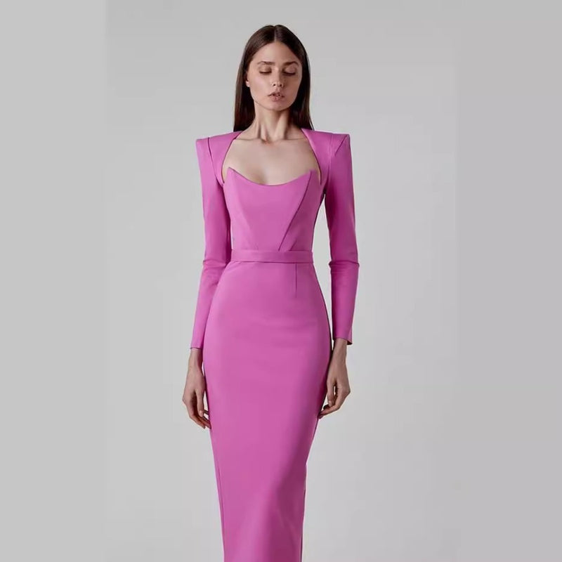 Women Dresses Elegant Bandage Dress Magenta Long Sleeve Square-Neck White Collar Dress (Ont0408)
