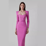 Women Dresses Elegant Bandage Dress Magenta Long Sleeve Square-Neck White Collar Dress (Ont0408)
