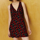 Women Dresses Summer Vintage Cherry Print V-neck Sleeveless Vest Dress (Xds0414)