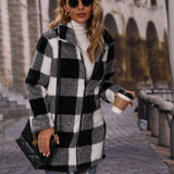 Women Trench Coat Autumn Lapel Long Sleeve Loose Plaid Zipper Double-Sided Velvet Casual Long Coat