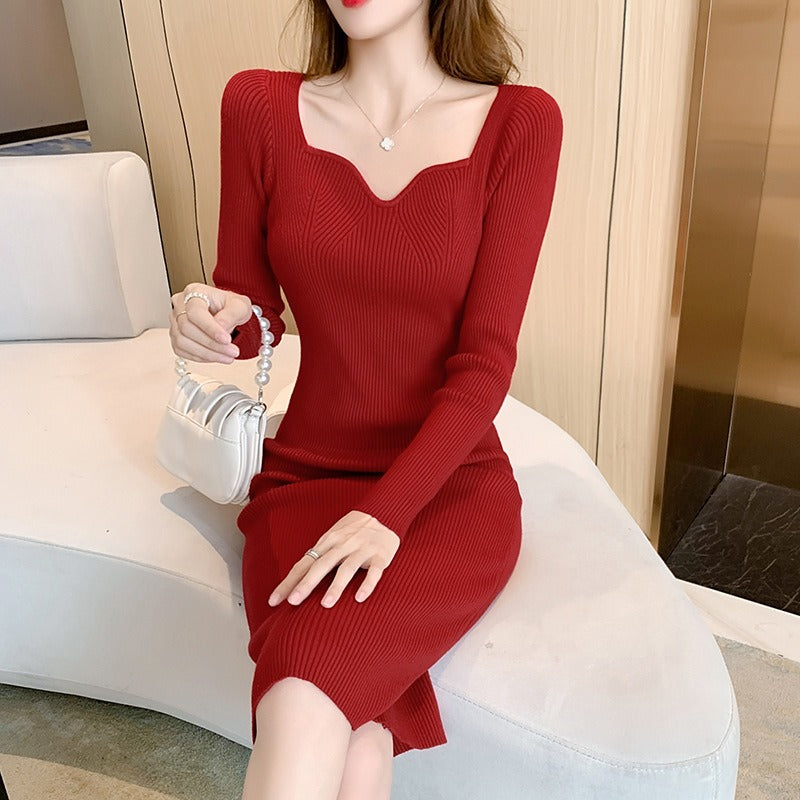 Women Maxi Dress Autumn and Winter V-neck Long Sleeve Mid-Length Knitted Dress