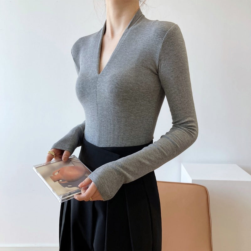 Women T Shirt Autumn V-neck Long-Sleeved T-shirt Women's Slim Bottoming Shirt Top