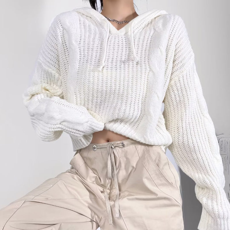 Women Sweater Knitwear Autumn Short Hood Pullover Sweater Long Sleeve Sweater