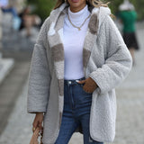 Women Trench Coat Casual Plush Women's Hooded Regular Long Sleeve Loose Plaid Puff Coat