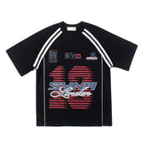 Hip-hop t-shirts: american streetwear hip-hop r&b racing element print double stripe short sleeve tee