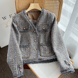 Women Woolen Coat Vintage Tweed Classic Style Raw Edge Shoulder Coat