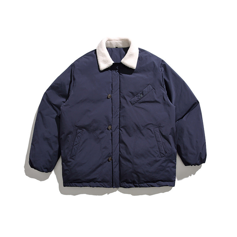 Unisex Winter Cotton Coat Lambswool Lapel Cotton-Padded Coat Vintage Loose and Warm Cotton-Padded Jacket