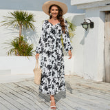 Women Date Dress Autumn Winter Sexy Long Sleeve V-neck Lantern Sleeve Backless Floral Long Tie Dress