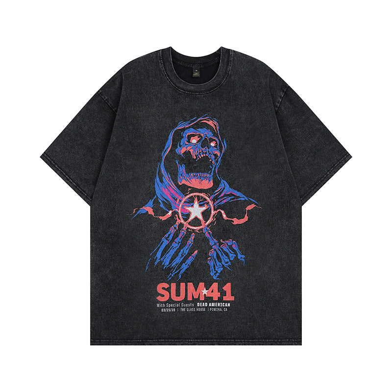 Men T Shirt Devil Print Distressed Short Sleeve T-shirt Hip Hop Retro Couple Half Sleeve T-shirt