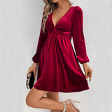 Women Dress Fall/Winter Sexy V-neck Long Sleeve Party Velvet Dress