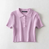 Women Sweater Knitwear Vintage Polo Lapel Single Breasted Thread Exposed Navel Knitted T-shirt