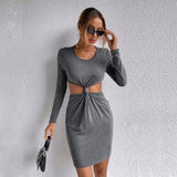 Women Dress Autumn Winter Sexy Hollow out Knitted Long-Sleeved Dress