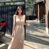 Women Dresses Beige Dress Lace-up Belt Slim Fit Dress V-neck