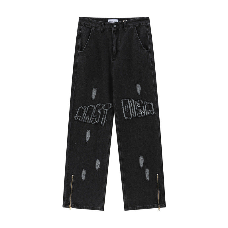 Men Jeans Embroidered Patch Distressed Trousers Vintage Straight Jeans