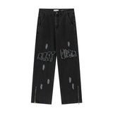 Men Jeans Embroidered Patch Distressed Trousers Vintage Straight Jeans