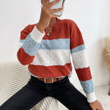 Women Knitted Sweater Autumn and Winter Leisure Top Color Matching Long Sleeve Sweater Loose
