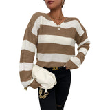 Women Knitted Sweater Autumn and Winter Leisure Top Thin Long Sleeve Striped Sweater