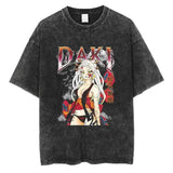 2024Harajuku Streetwear Black Washed T-Shirt Anime Graphic