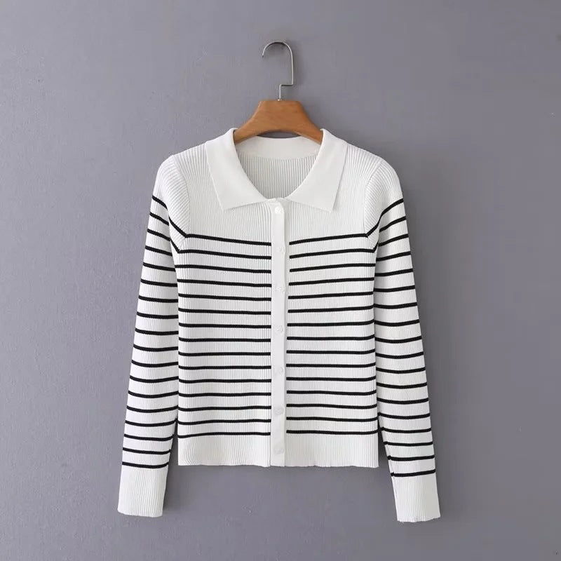 Women Sweater Knitwear Autumn Polo Collar Vintage Mixed Color Stripe Knitted Cardigan