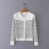 Women Sweater Knitwear Autumn Polo Collar Vintage Mixed Color Stripe Knitted Cardigan
