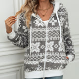 Women Trench Coat Fall Winter Hooded Cardigan Christmas Style Printed Plush Coat