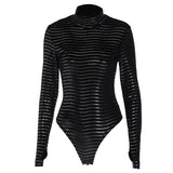 Women Jumpsuit Summer Stripes High Collar Slim Fit Long Sleeves Finger Stall Jumpsuit
