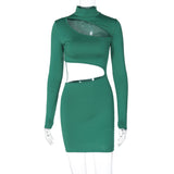 Women Dresses Spring Sexy Hollow-out Slim-Fit Turtleneck Long Sleeve Dress