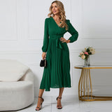 Women Date Dress Sexy V-neck Bubble Lantern Sleeve Pleated Skirt