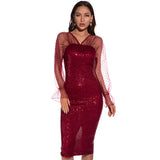 Women's Evening Gown Sexy Retro Mesh Long Sleeve Stitching Sequins Dress