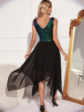 Women Evening Gown Sexy Retro Chiffon Stitching Green Sequins Dress