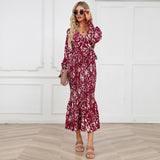 Women Date Dress Long Dress Leopard Print V-neck Belt Printed Fishtail Skirt
