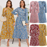 Women Date Dress Autumn and Winter Leisure Floral Print Long Sleeve Dress