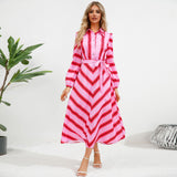 Women Date Dress Autumn and Winter Striped Printed Buttons Cinched Blouse Dress