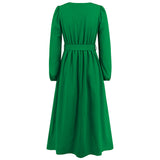 Women Date Dress Single-Breasted Cardigan Skirt V-neck Bubble Long Sleeve Dress