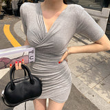 Women Dresses V-neck Pleated Cross Dress Hip Skirt Short Sleeves and Skirt