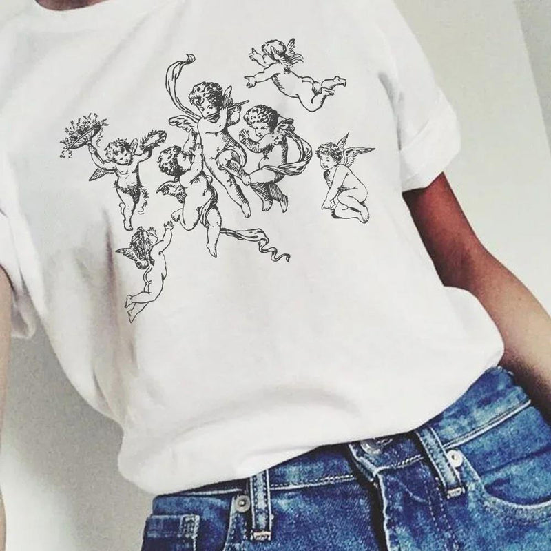 Cute Angel Print Women Tshirt Vintage Fashion Cotton T-Shirt