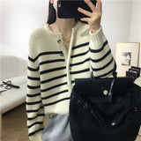 Women Knitwear Autumn and Winter Striped round Neck Sweater Loose Knitted Cardigan