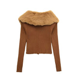 Women Sweater Knitwear Spring Style Long Sleeve Sexy Fur Collar Knitted Coat