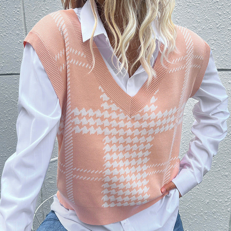 Women Knitted Sweater Autumn and Winter Houndstooth Knitted Vest