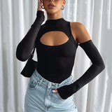 Women Jumpsuit Hollow out Autumn and Winter Turtleneck Long Sleeve Backless off-Shoulder Top