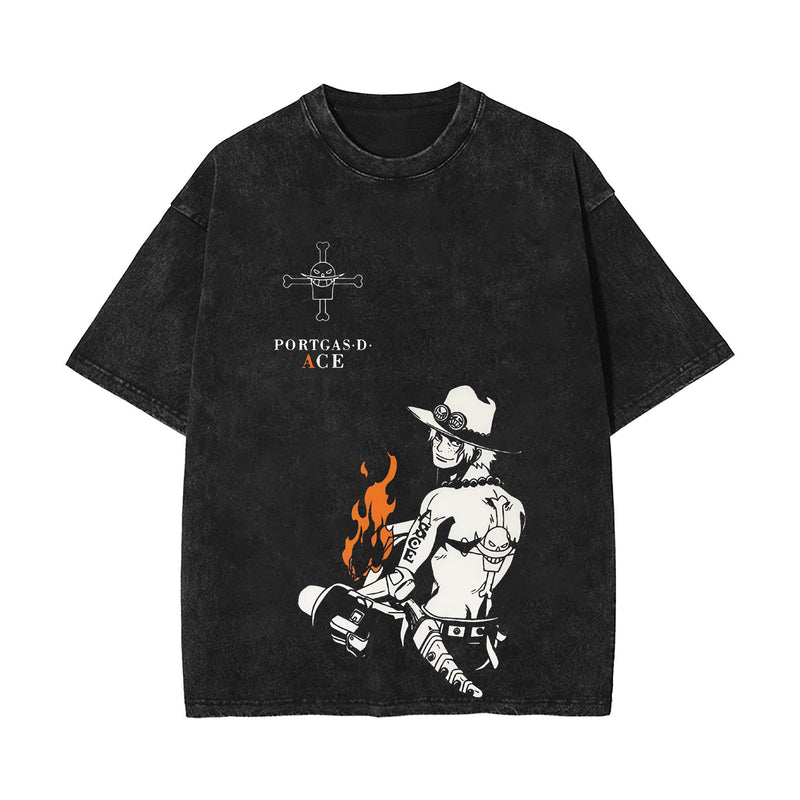 Washed retro cotton t-shirt, printed washed old short sleeves