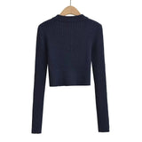 Women Sweater Knitwear Autumn and Winter round Neck Vertical Stripes Knitted Short Top Zipper Sweater
